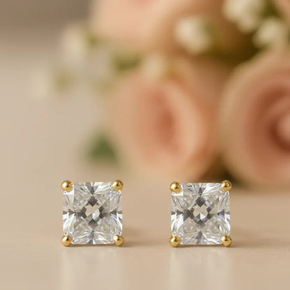IGI Certified Princess Cut Lab Grown Diamond Solitaire Stud Earrings Yellow Gold