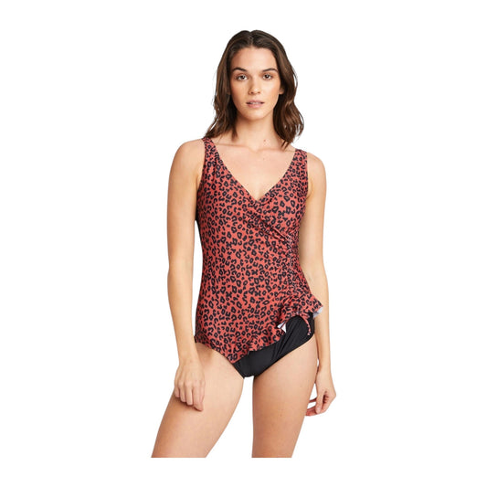 Marina West PF835 V-Neck Wrap Swimdress (Bric Red Leo)
