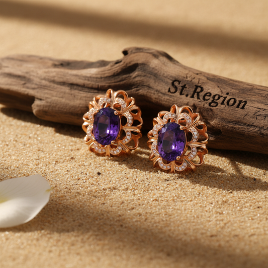 Purple Crystal & Cubic Zirconia Rose Goldtone Floral Stud Earrings