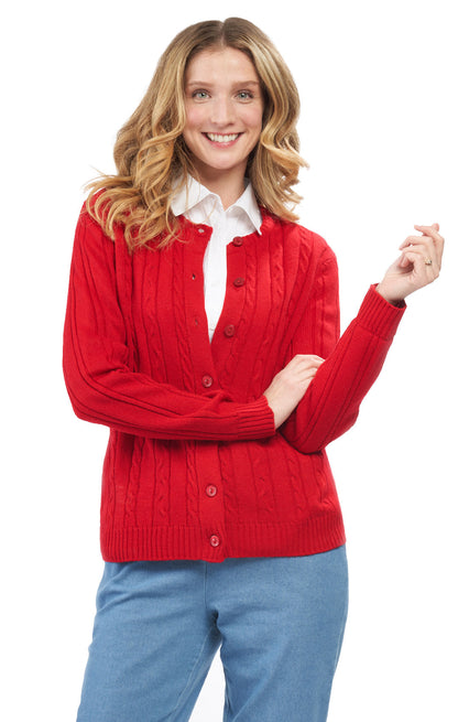Women's Classic Button Front Cable Knit Cardigan in Soft Acryllic