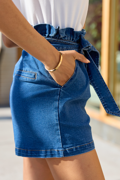 What's New Dark Wash Paperbag Waist Belted Denim Shorts