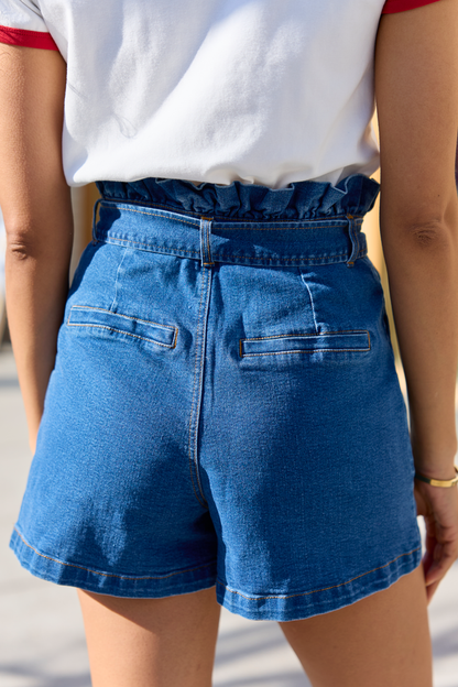 What's New Dark Wash Paperbag Waist Belted Denim Shorts