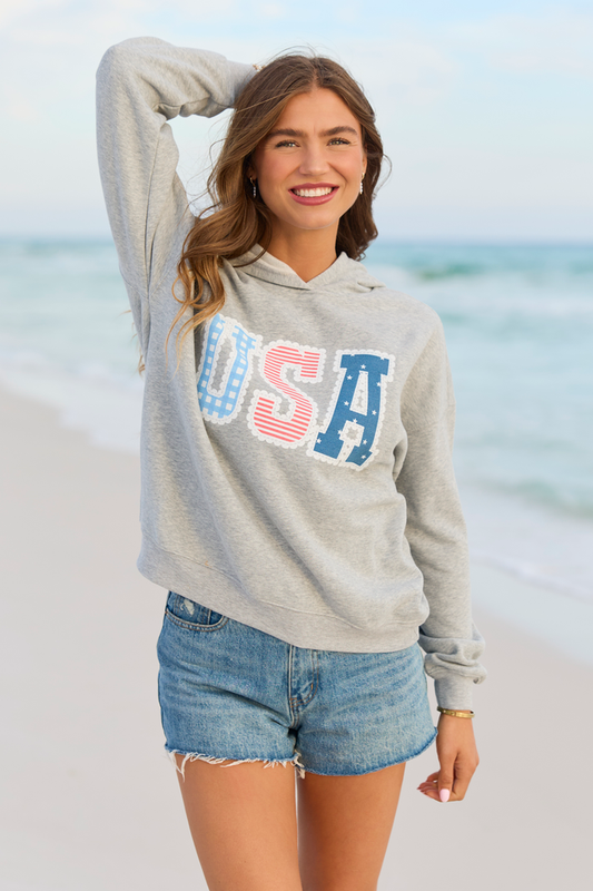 USA Lace Print Light Grey Graphic Hoodie