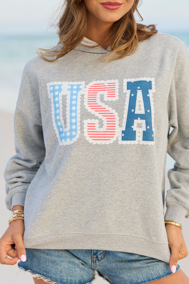 USA Lace Print Light Grey Graphic Hoodie