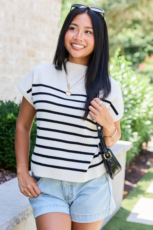 Made to Shine White And Black Striped Mock Neck Short Sleeve Sweater