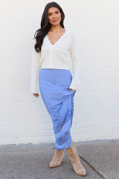 Kaden Blue Satin Lace Inset Midi Skirt FINAL