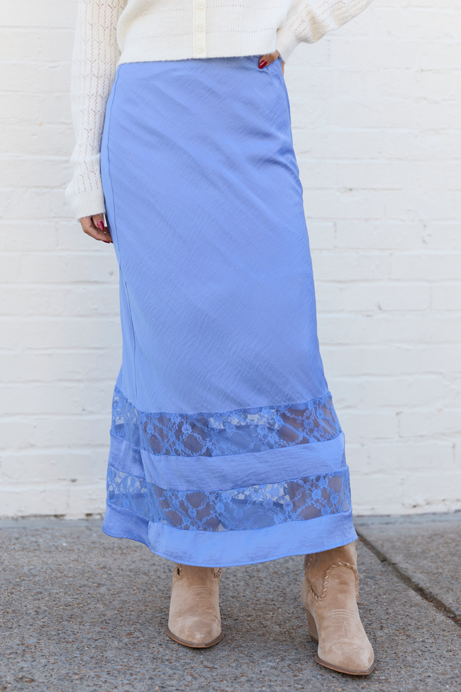 Kaden Blue Satin Lace Inset Midi Skirt FINAL