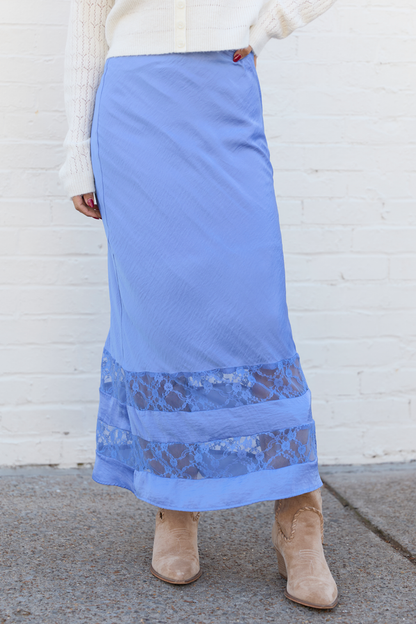 Kaden Blue Satin Lace Inset Midi Skirt FINAL