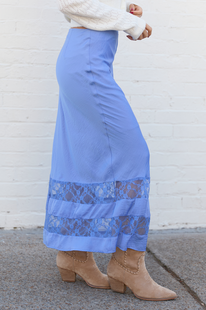 Kaden Blue Satin Lace Inset Midi Skirt FINAL