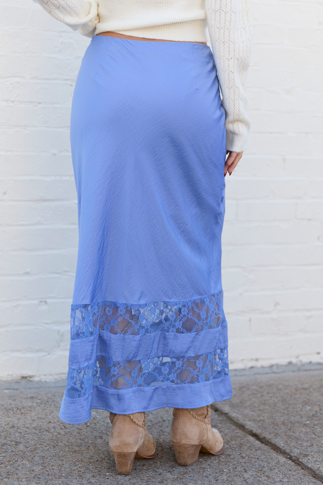 Kaden Blue Satin Lace Inset Midi Skirt FINAL