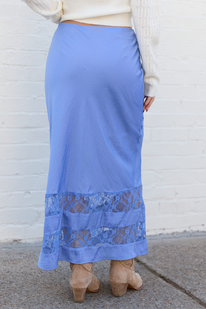 Kaden Blue Satin Lace Inset Midi Skirt FINAL