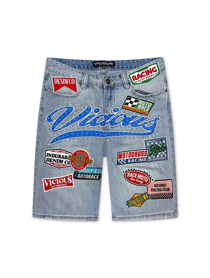 Vicious Denim Patch Shorts - Light Blue