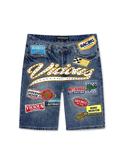 Vicious Denim Patch Shorts - Dark Indigo Blue