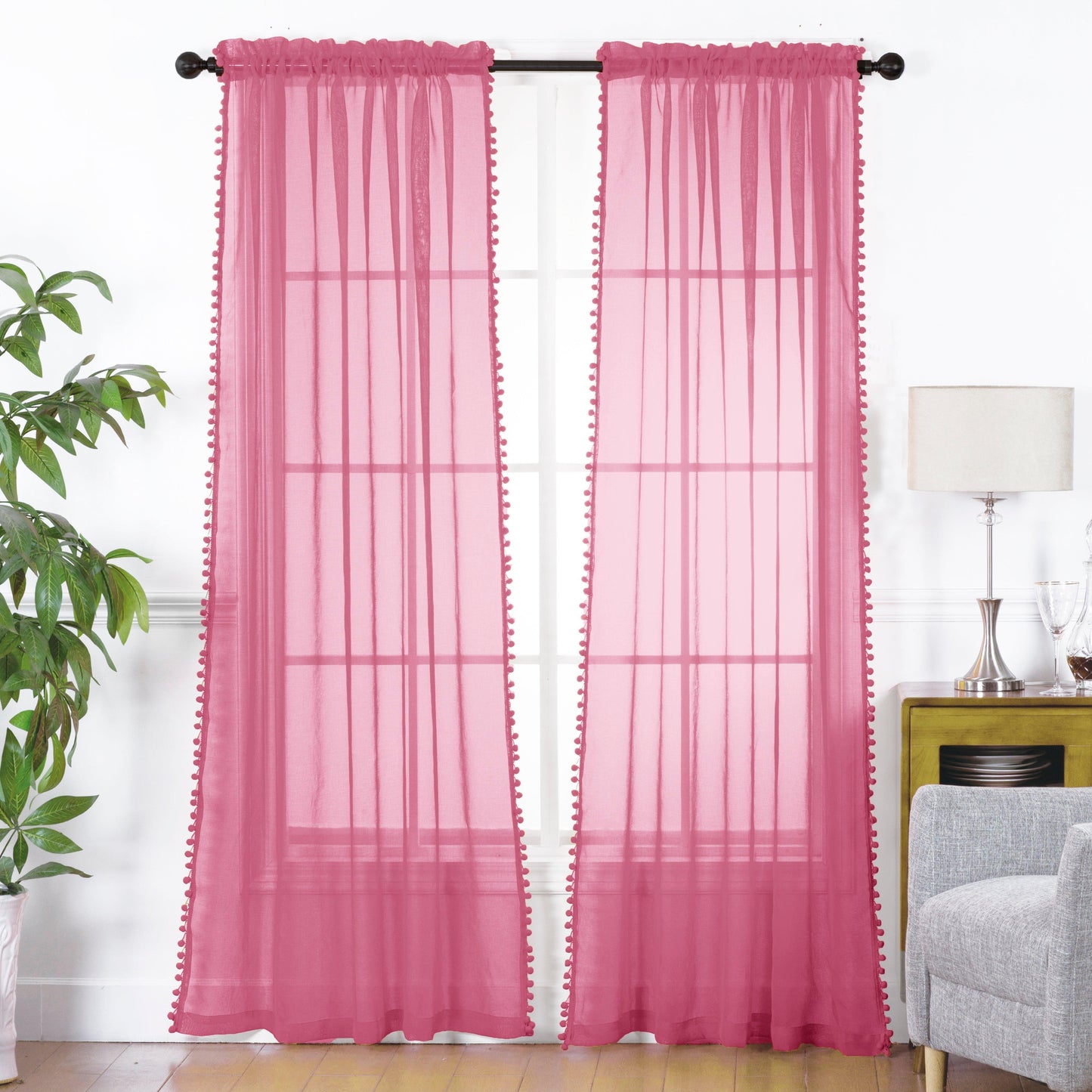 Elegant Comfort Set of 2 Pom Pom Tasseled Sheer Curtain - Rod Pocket