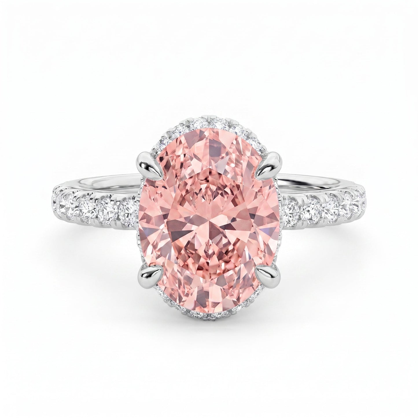 2Cttw Oval Shaped Pink Lab Grown Diamond (F/VS) Halo Accented Engagement Ring in 14K Gold