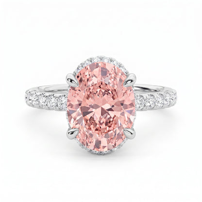 2Cttw Oval Shaped Pink Lab Grown Diamond (F/VS) Halo Accented Engagement Ring in 14K Gold