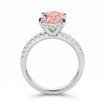2Cttw Oval Shaped Pink Lab Grown Diamond (F/VS) Halo Accented Engagement Ring in 14K Gold