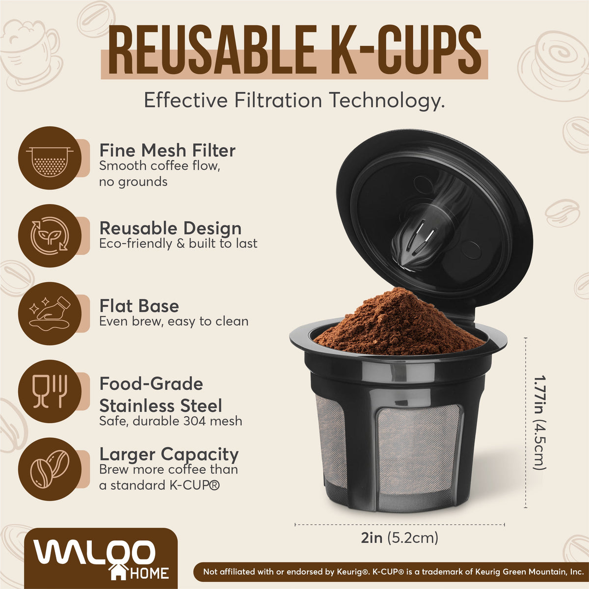 Waloo Home Reusable Single Serve Coffee K-Cup - Compatible with Keurig Coffee Brewers - Universal Coffee Filters - Eco-Friendly Stainless Mesh Refillable Pods - Dishwasher Safe