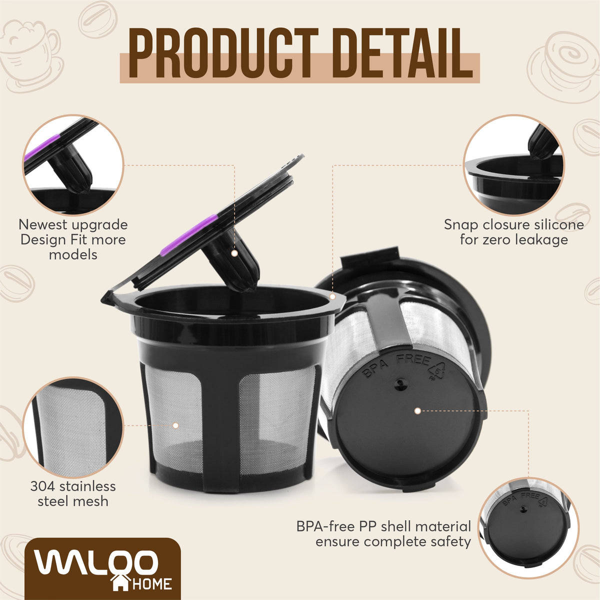 Waloo Home Reusable Single Serve Coffee K-Cup - Compatible with Keurig Coffee Brewers - Universal Coffee Filters - Eco-Friendly Stainless Mesh Refillable Pods - Dishwasher Safe