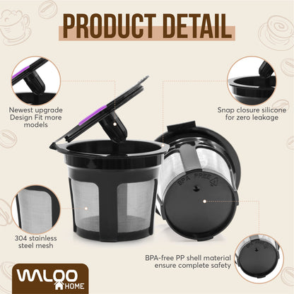 Waloo Home Reusable Single Serve Coffee K-Cup - Compatible with Keurig Coffee Brewers - Universal Coffee Filters - Eco-Friendly Stainless Mesh Refillable Pods - Dishwasher Safe