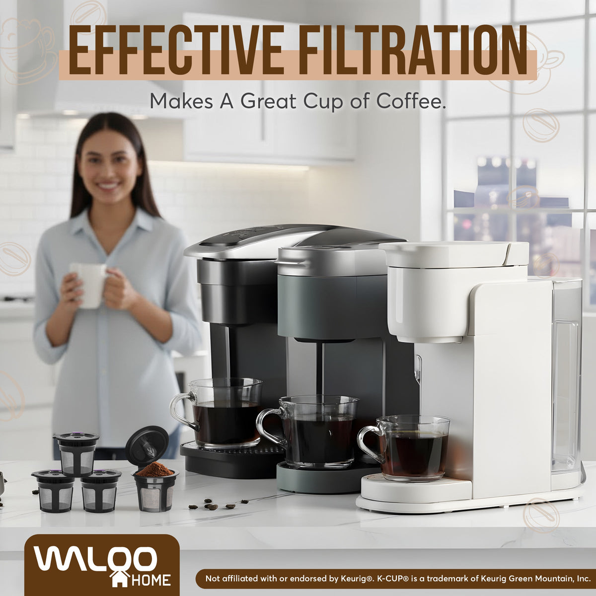 Waloo Home Reusable Single Serve Coffee K-Cup - Compatible with Keurig Coffee Brewers - Universal Coffee Filters - Eco-Friendly Stainless Mesh Refillable Pods - Dishwasher Safe