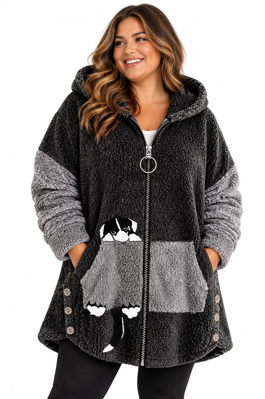 Plus Size Cartoon Puppy Print Colorblock Zip Up Hoodie Fuzzy Coat; Women's Plus Slight Stretch Casual Coat
