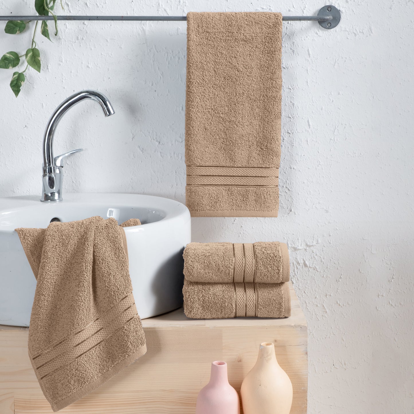 Elegant Comfort 4 Pack Turkish Cotton Three Line Popcorn Hand Towel Set, 16 x 28 inch