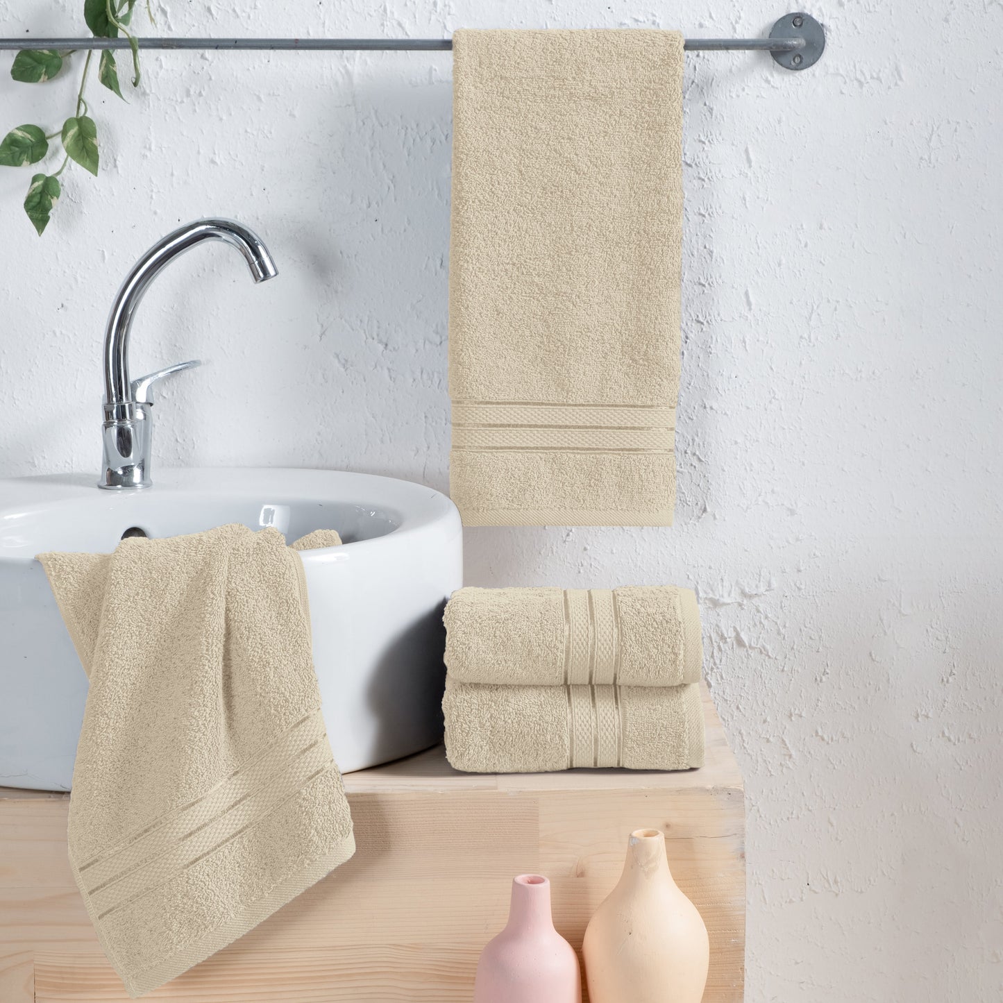 Elegant Comfort 4 Pack Turkish Cotton Three Line Popcorn Hand Towel Set, 16 x 28 inch