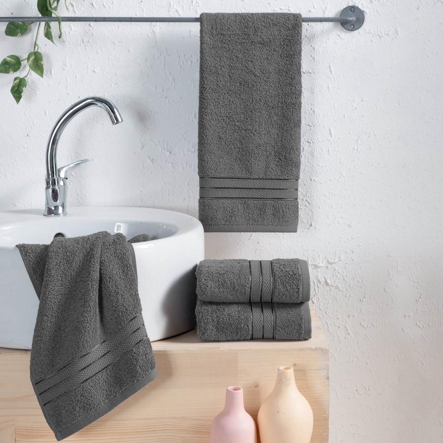 Elegant Comfort 4 Pack Turkish Cotton Three Line Popcorn Hand Towel Set, 16 x 28 inch