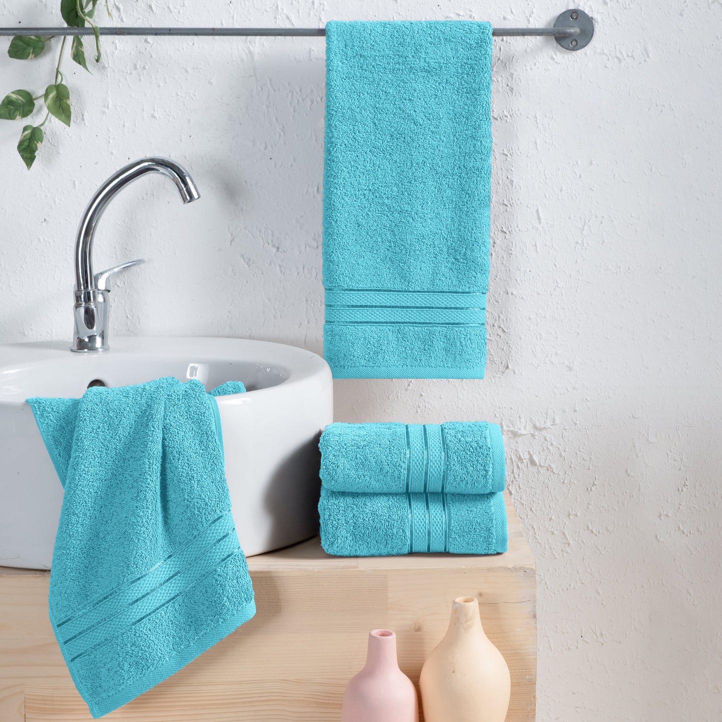 Elegant Comfort 4 Pack Turkish Cotton Three Line Popcorn Hand Towel Set, 16 x 28 inch