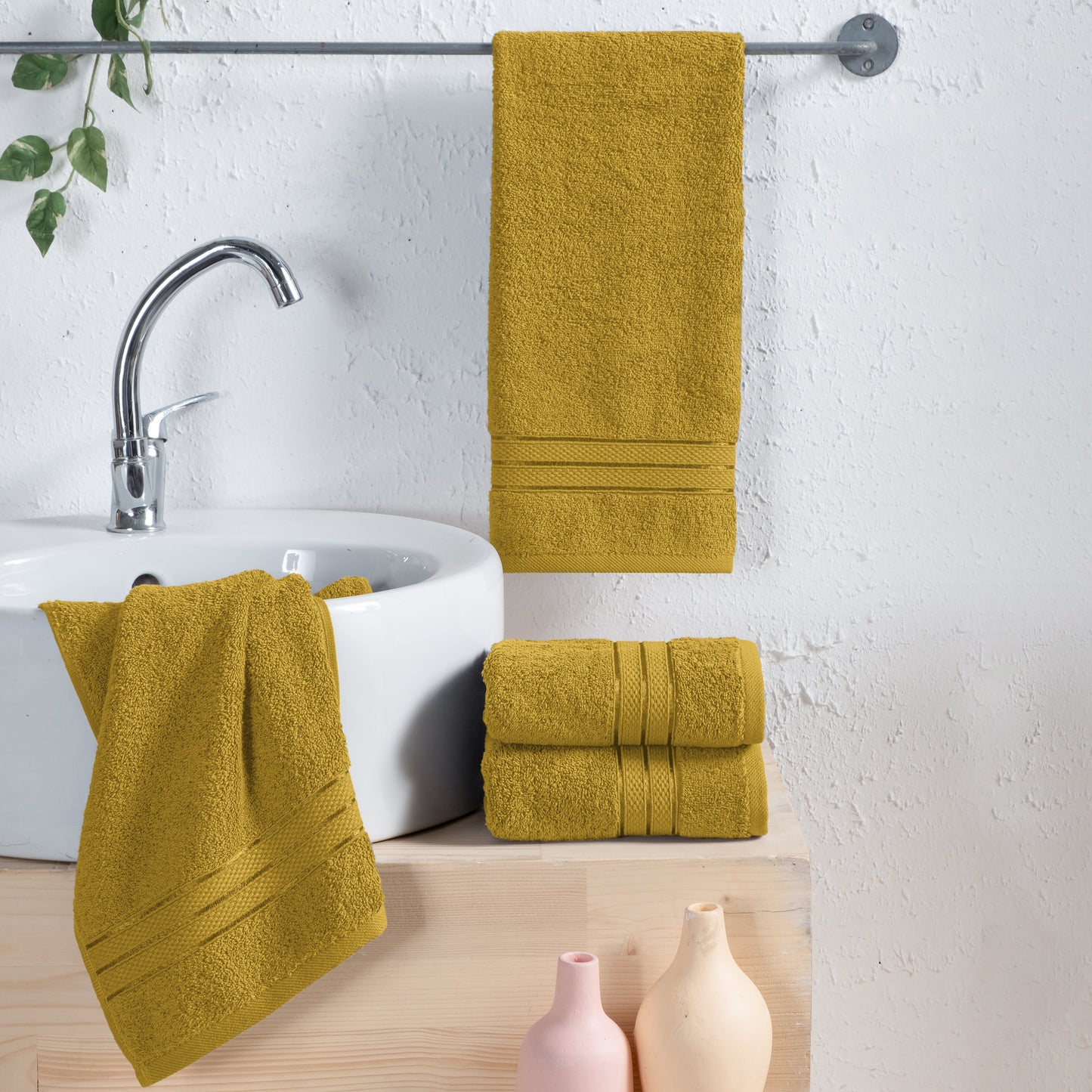 Elegant Comfort 4 Pack Turkish Cotton Three Line Popcorn Hand Towel Set, 16 x 28 inch