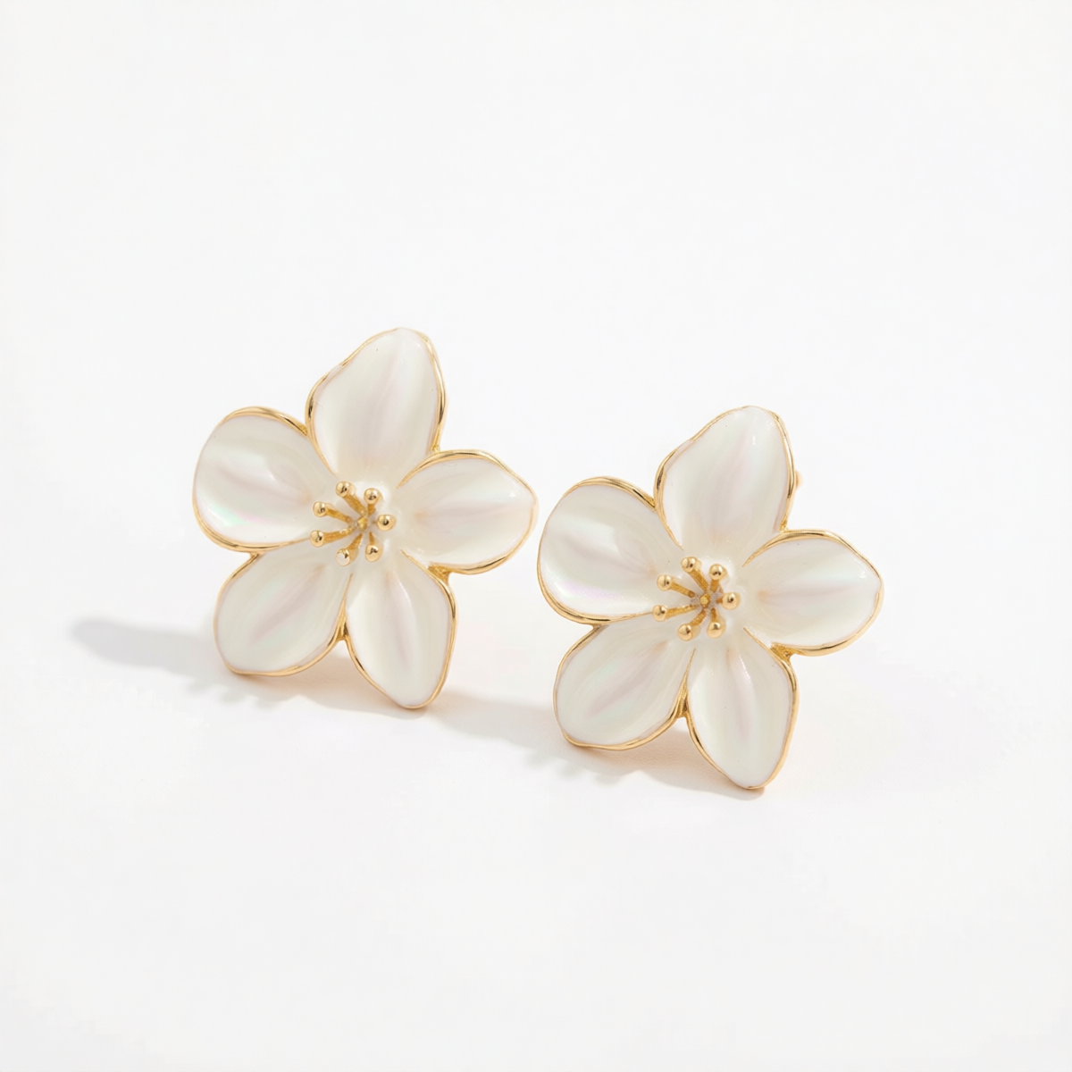 White Enamel & Goldtone Flower Stud Earrings
