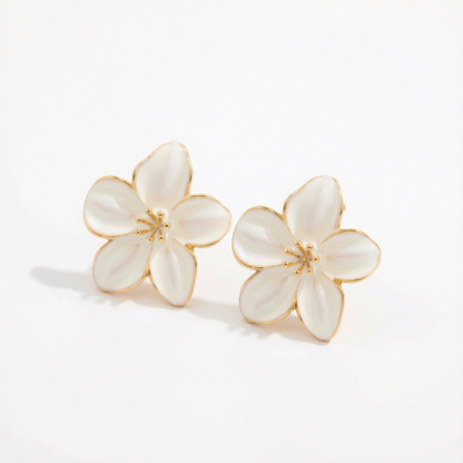 White Enamel & Goldtone Flower Stud Earrings