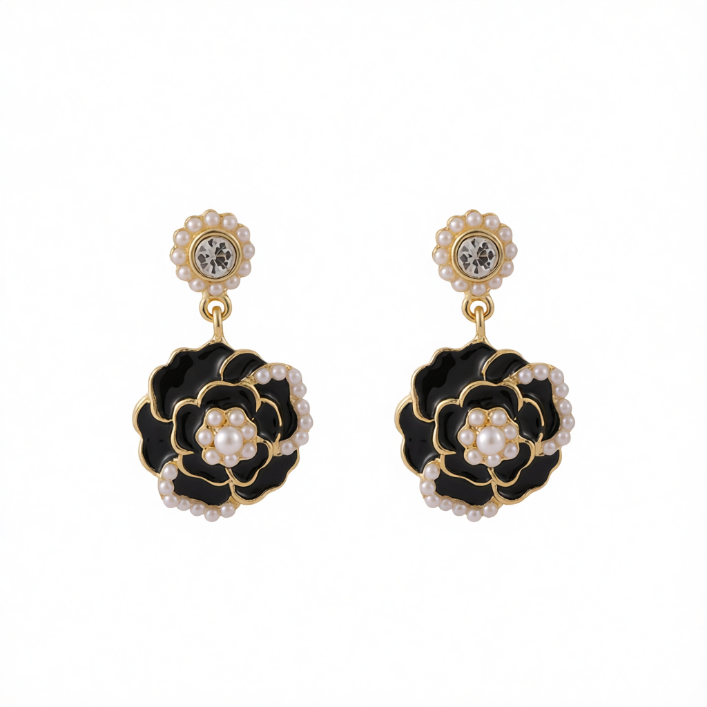 Pearl & Black Enamel Goldtone Camellia Drop Earrings