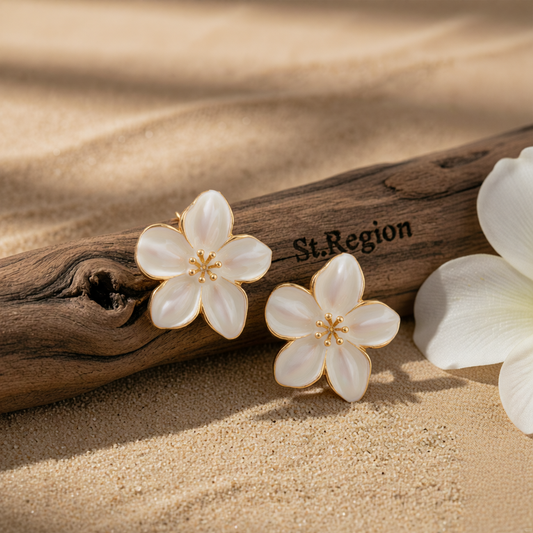 White Enamel & Goldtone Flower Stud Earrings