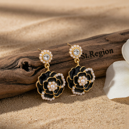 Pearl & Black Enamel Goldtone Camellia Drop Earrings