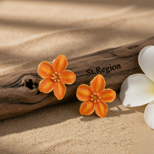Orange Enamel & Goldtone Flower Stud Earrings