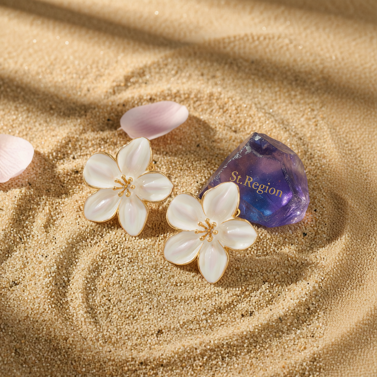 White Enamel & Goldtone Flower Stud Earrings