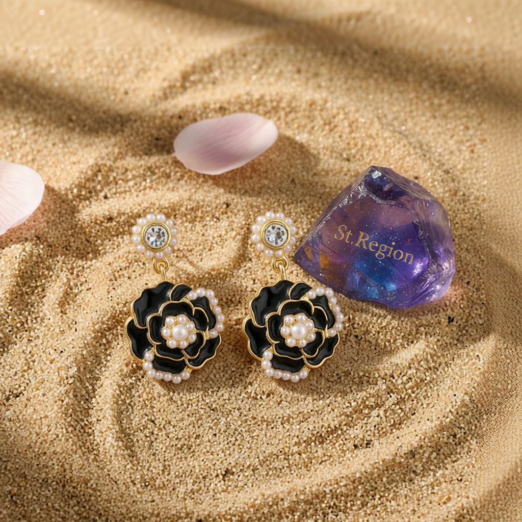 Pearl & Black Enamel Goldtone Camellia Drop Earrings
