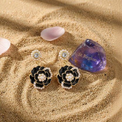 Pearl & Black Enamel Goldtone Camellia Drop Earrings