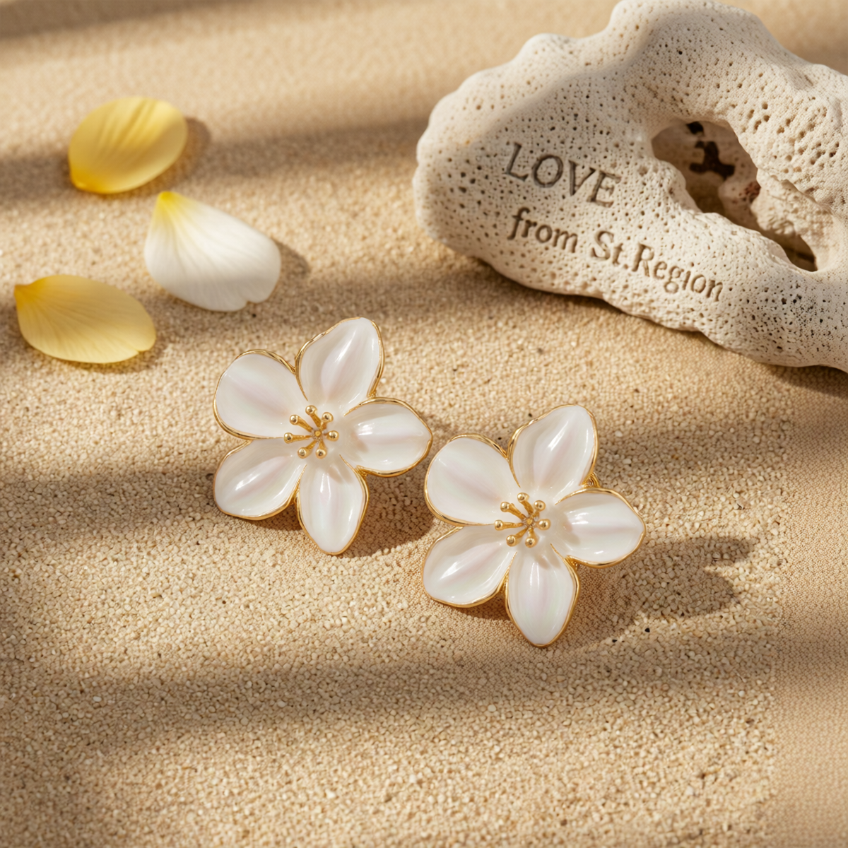 White Enamel & Goldtone Flower Stud Earrings
