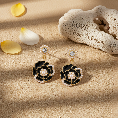 Pearl & Black Enamel Goldtone Camellia Drop Earrings