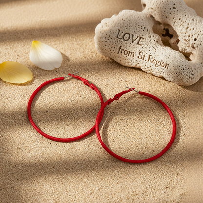 Red Enamel & Silvertone Hoop Earrings