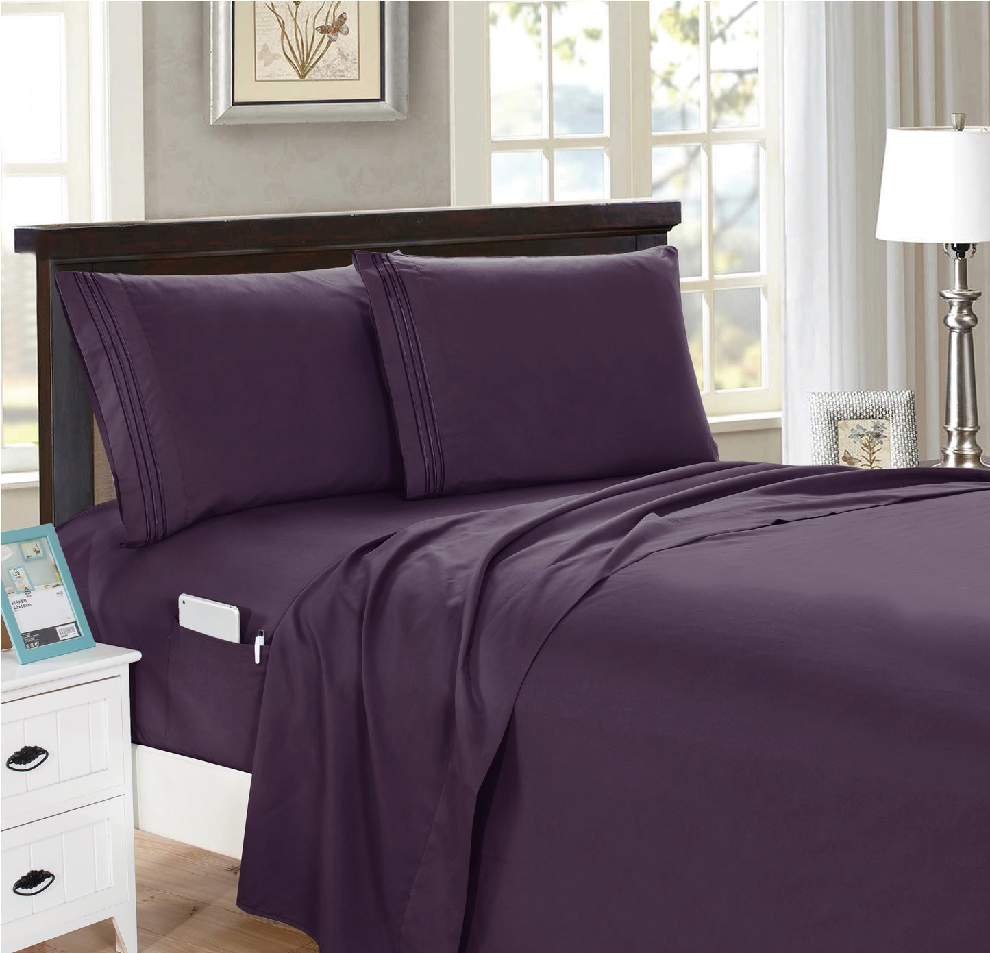 Mocassi 4-Piece Smart Pocket Sheet Set - Features Double Sided Storage Pockets on Fitted Sheet
