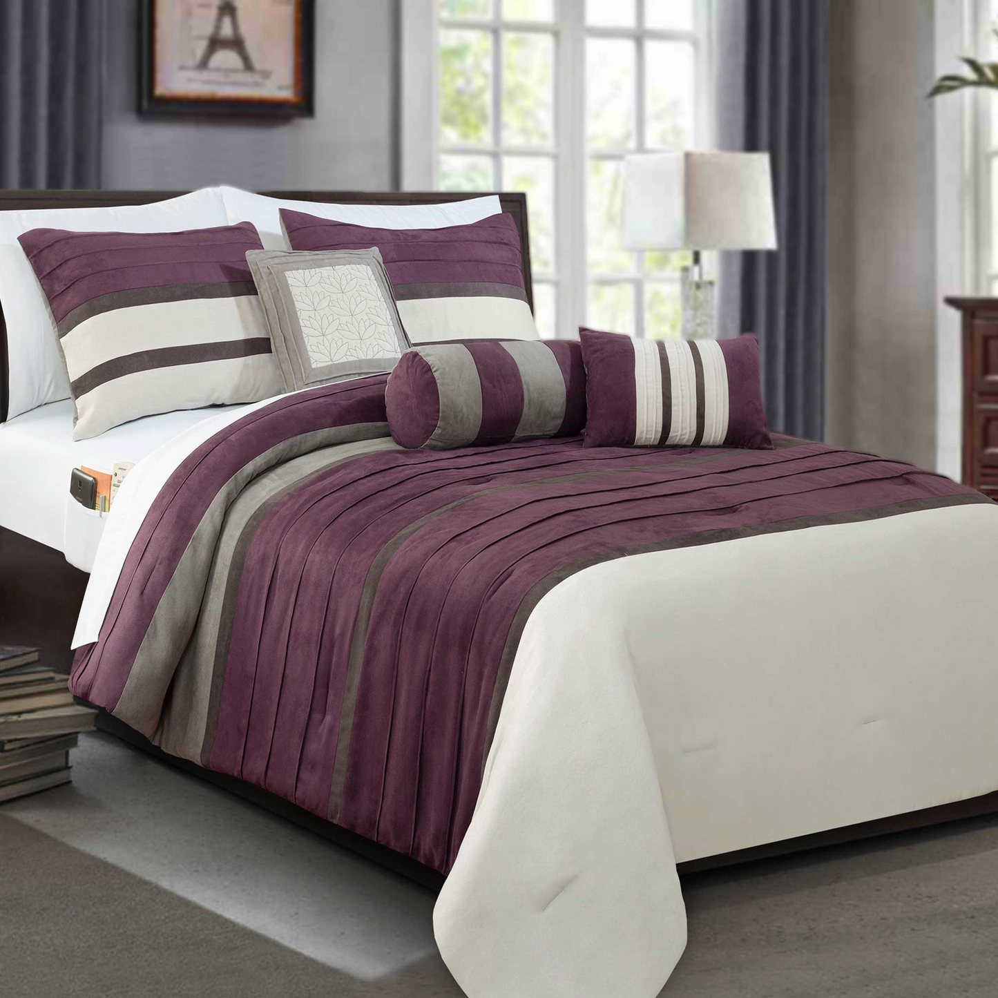 Mocassi 12-Piece Cirena Micro suede Comforter Set, Includes 6-Piece Sheet Set with Double Sided Storage Pockets