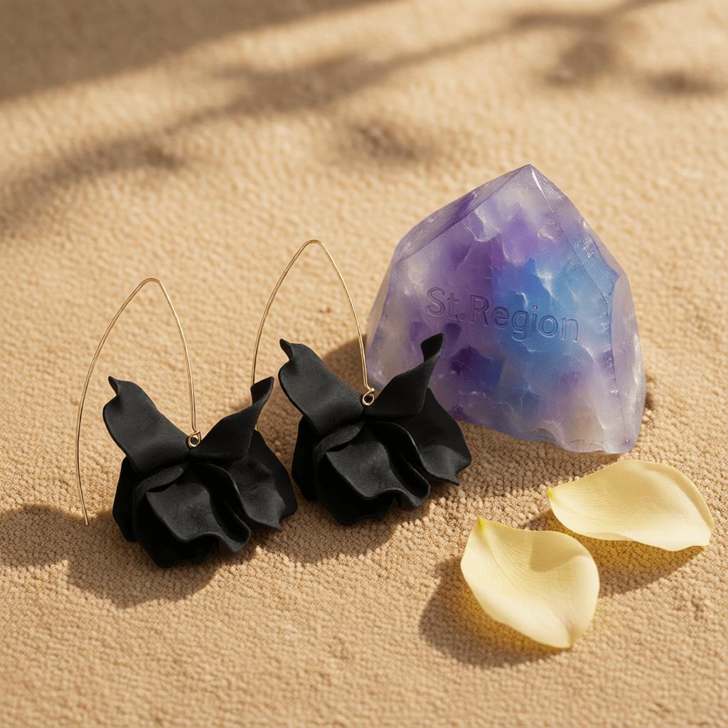 Black Acrylic & Goldtone Petals Drop Earrings