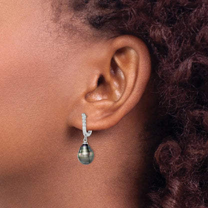 Tahitian Black Pearl and CZ Dangle Earrings