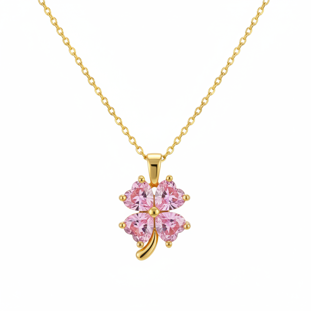 Pink Crystal & Goldtone Heart Clover Pendant Necklace