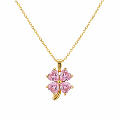 Pink Crystal & Goldtone Heart Clover Pendant Necklace