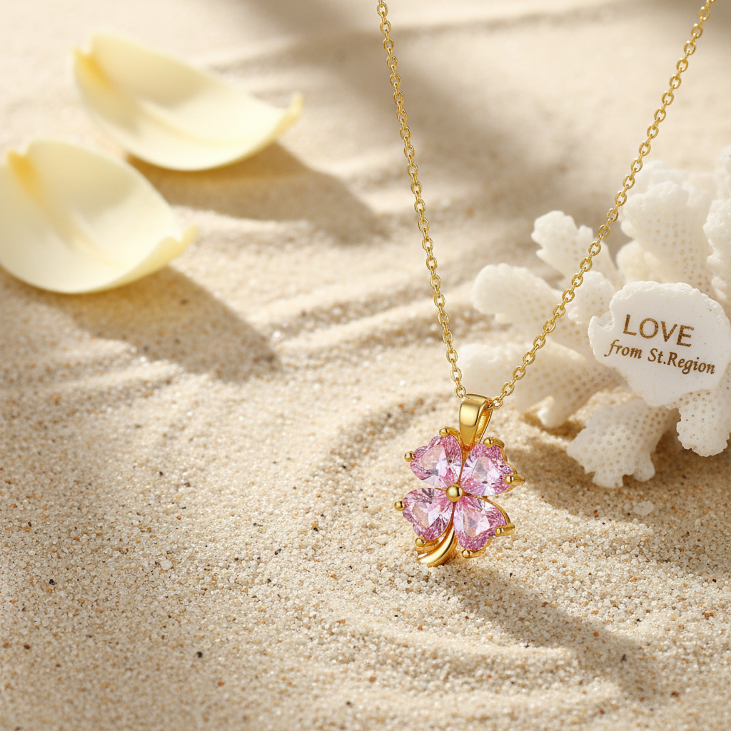 Pink Crystal & Goldtone Heart Clover Pendant Necklace
